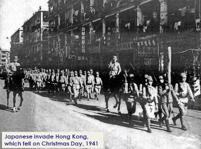 Japanese soldiers strut through the streets of a conquered Hong Kong